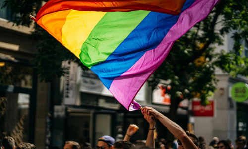 Während einer Parade oder Feier schwenken Menschen im Freien, umgeben von Bäumen und Stadtgebäuden, eine große Regenbogen-Pride-Flagge.